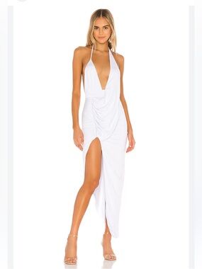 superdown White Drape Halter Slit Maxi Dress